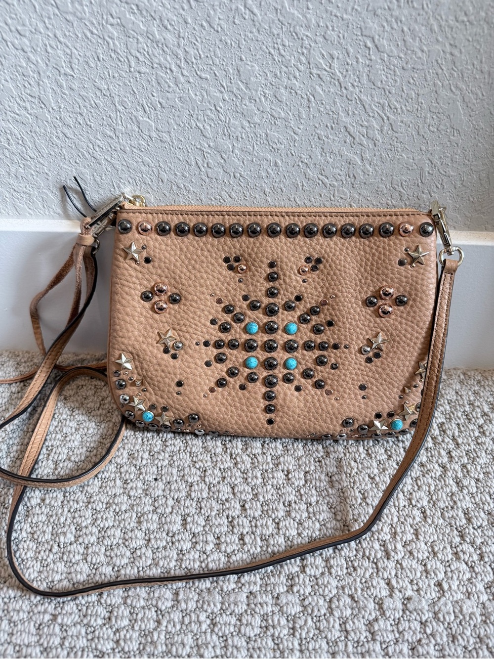 Rebecca Minkoff Tan Studded Crossbody Bag with Turquoise Accents